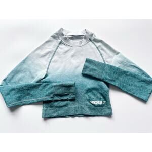 Gym Shark Blue and White Long Sleeve Crop Top Size Small